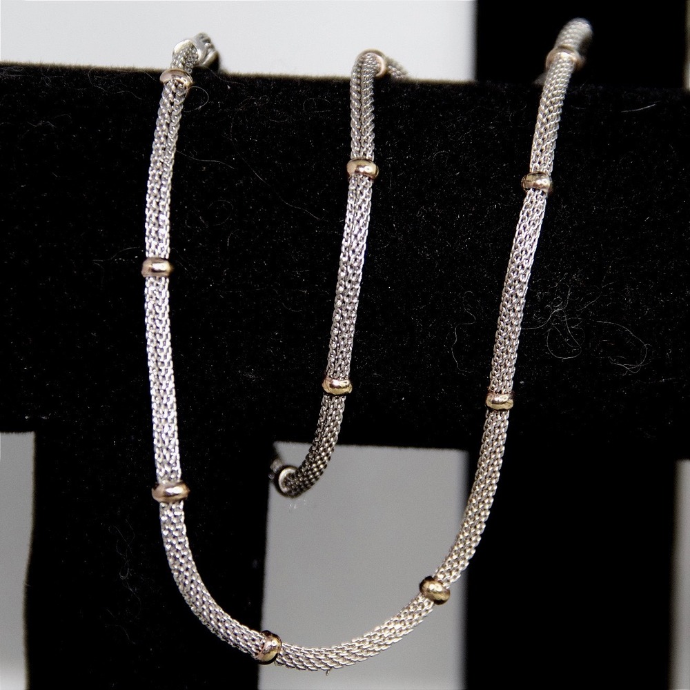 Sterling Silver Two Tone Mesh Popcorn Chain Necklace Gold Tone Bead Accents 16in - Picture 6 of 9